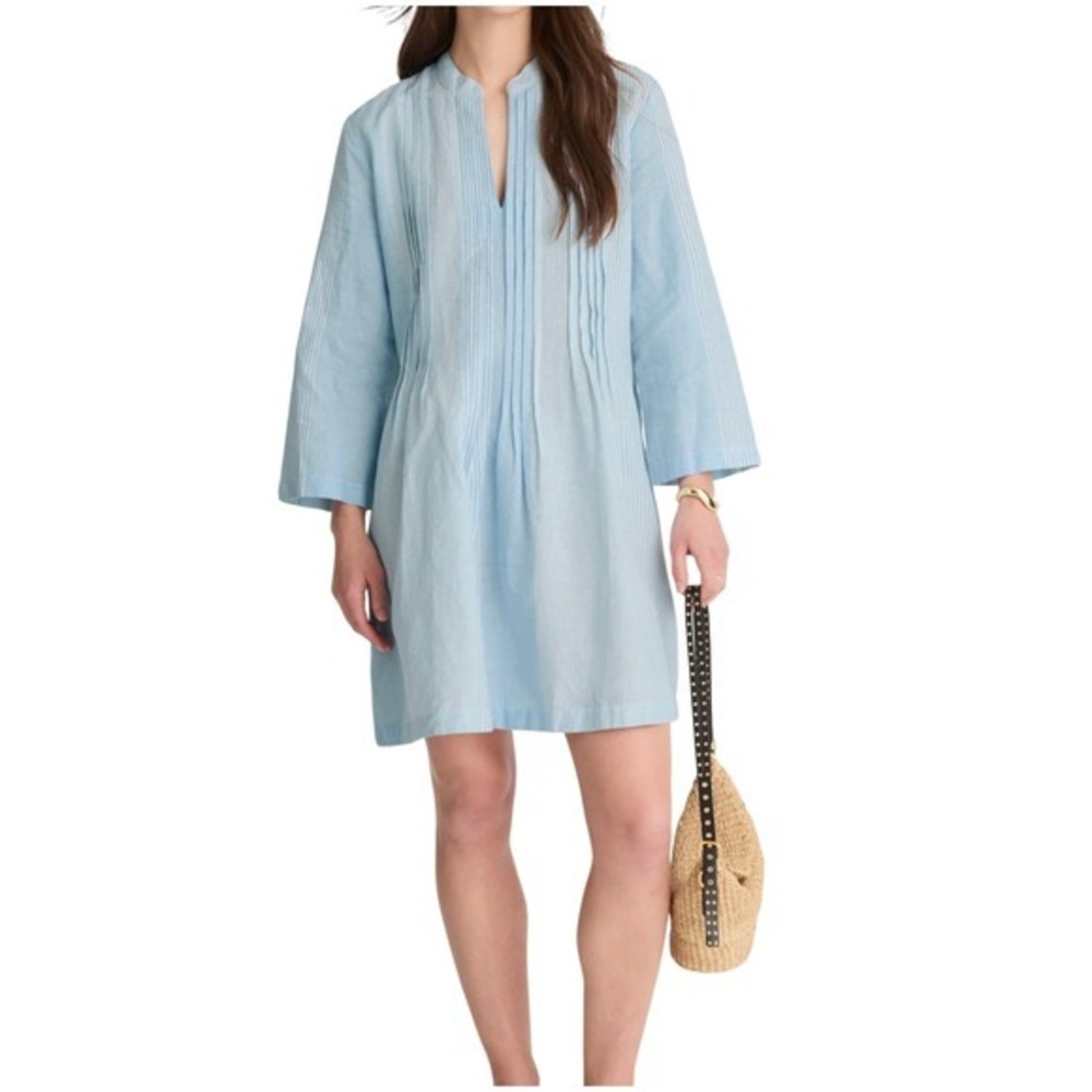 Madewell Striped V Neck Pleated Tunic Shirt Dress Linen Cotton Blend Size Medium